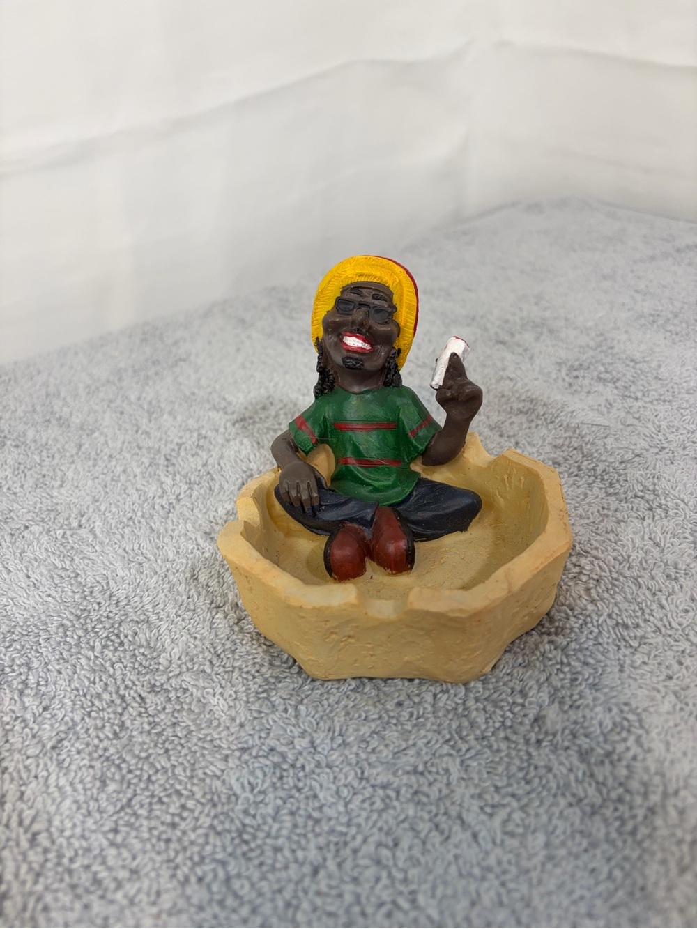 Hand-Painted Resin Figurine Ashtray in Green and Yellow